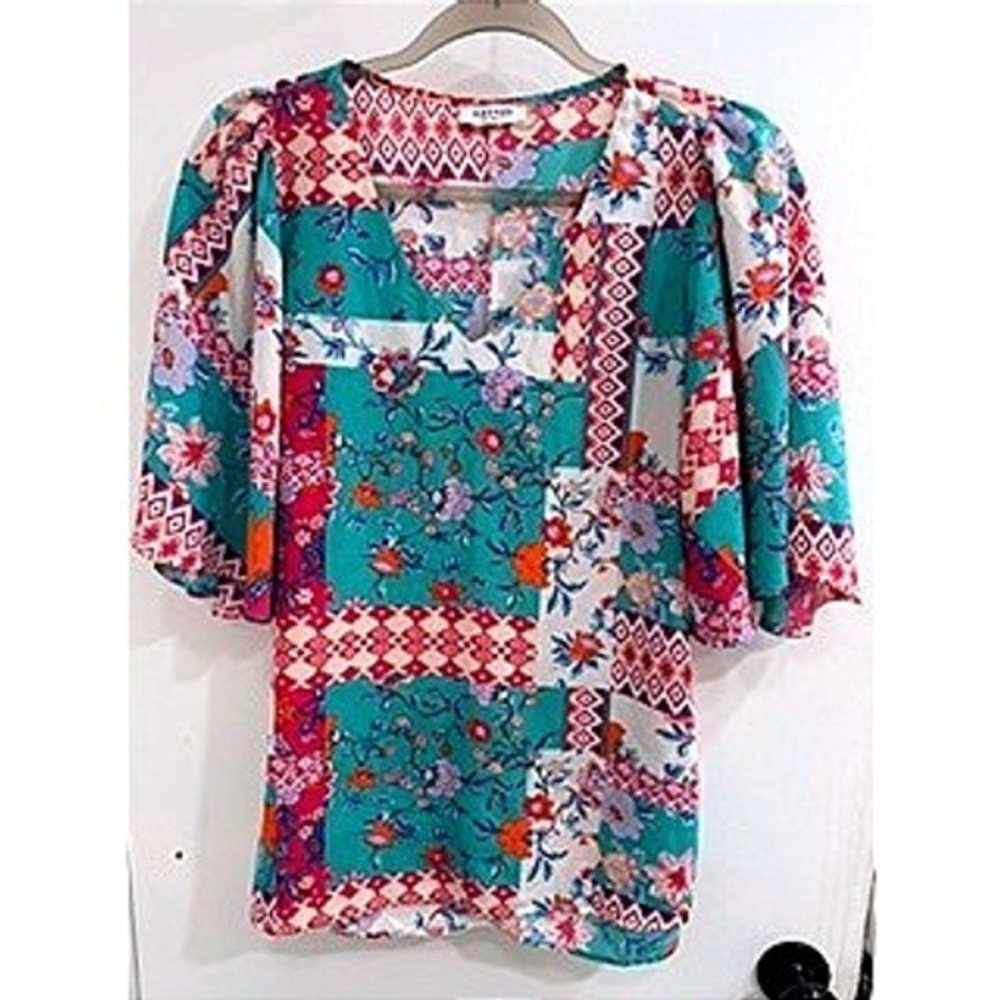 Andree by Unit Womens Patchwork Floral V-Neck Cape Sleeve Blouse Boho Beach M